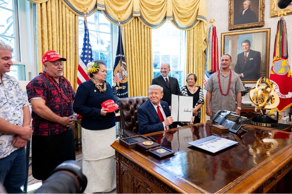 US President Donald Trump signs a proclamation to unleash American commercial fishing in the Pacific Ocean—a key component of the America First Fishing Policy, on April 17, 2025, in the Oval Office.