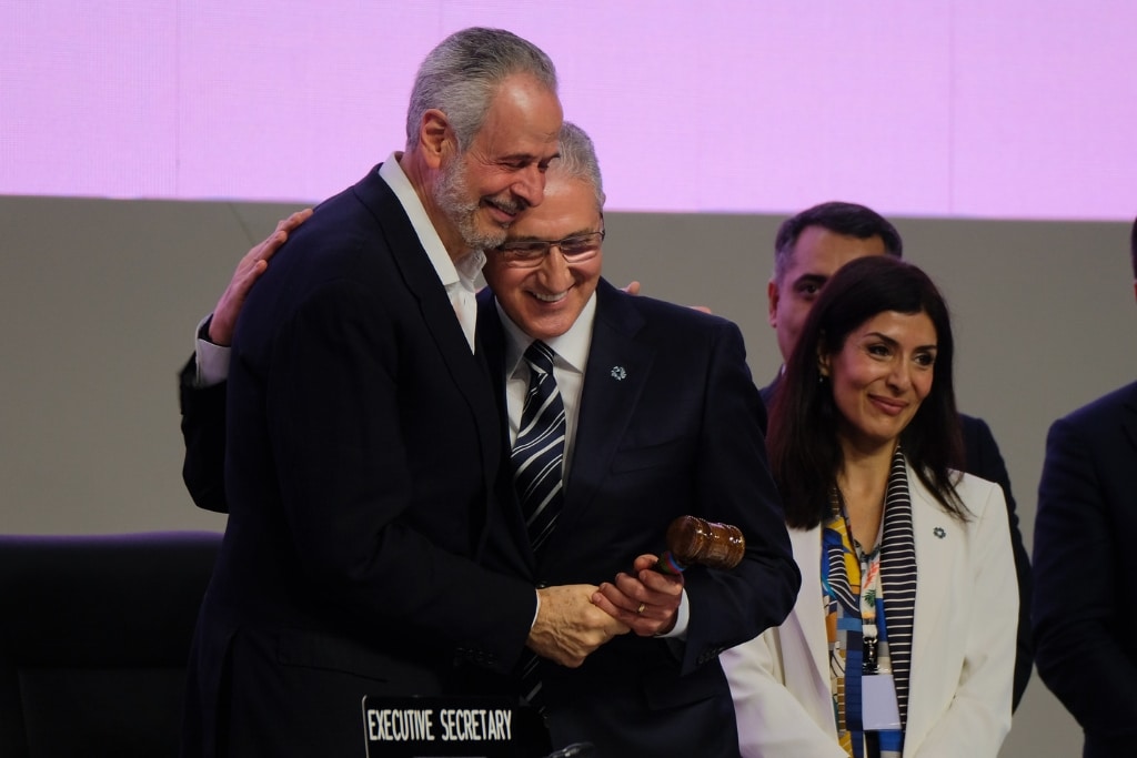 President of COP29 is Mukhtar Babayev of Azerbaijan. formally transfers the presidency to COP30 President André Corrêa do Lago during the Opening of the 30th Conference of the Parties to the United Nations Framework Convention on Climate Change (COP30) in the Brazilian Amazon.