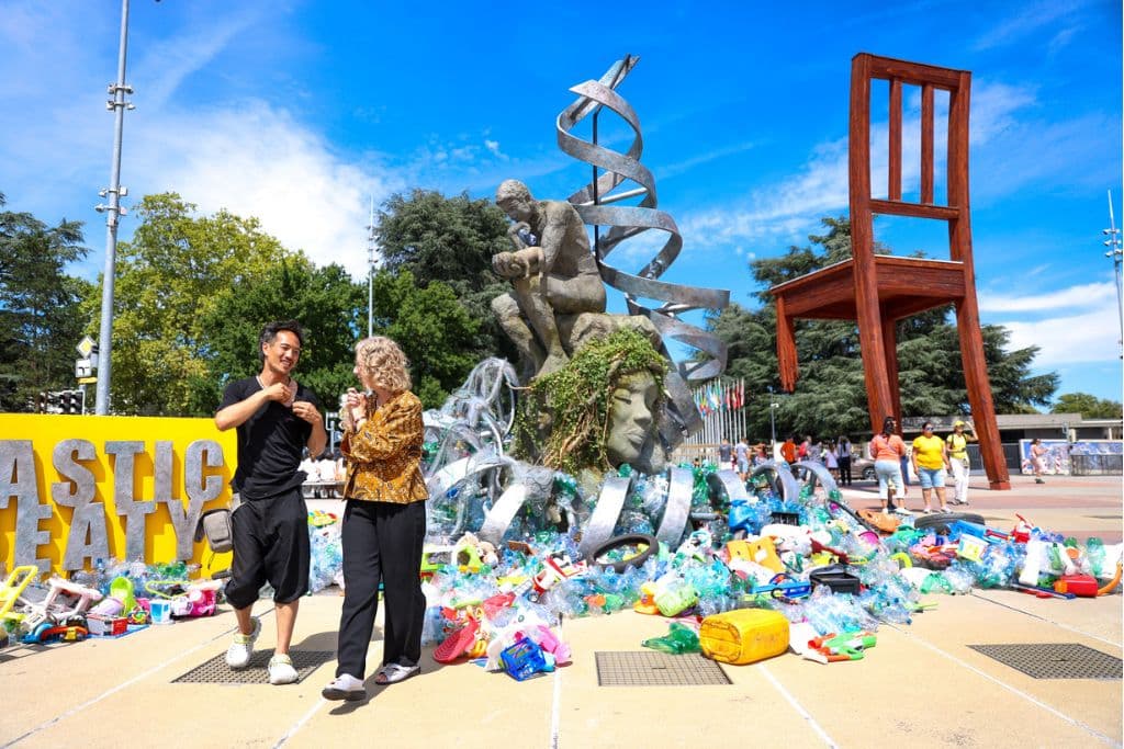 A sculpture made of plastic waste by Canadian artist and activist Benjamin Von Wong displayed in front of the United Nations office in Geneva, Switzerland.