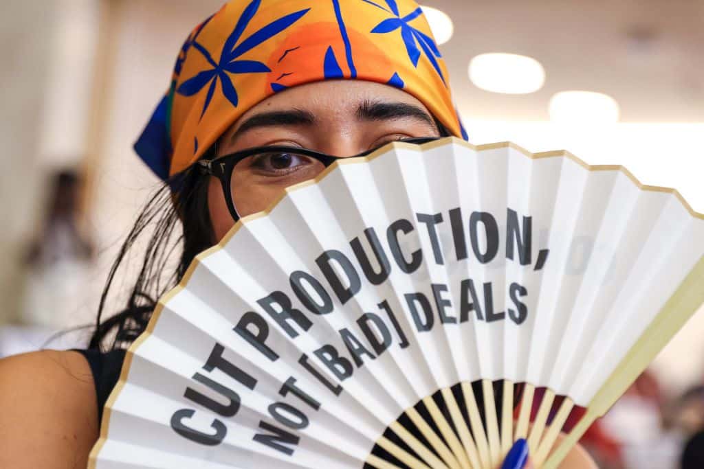 A campaigner at the second part of the fifth session of the Intergovernmental Negotiating Committee on plastic pollution, including in the marine environment (INC-5.2) in Geneva, Switzerland.
