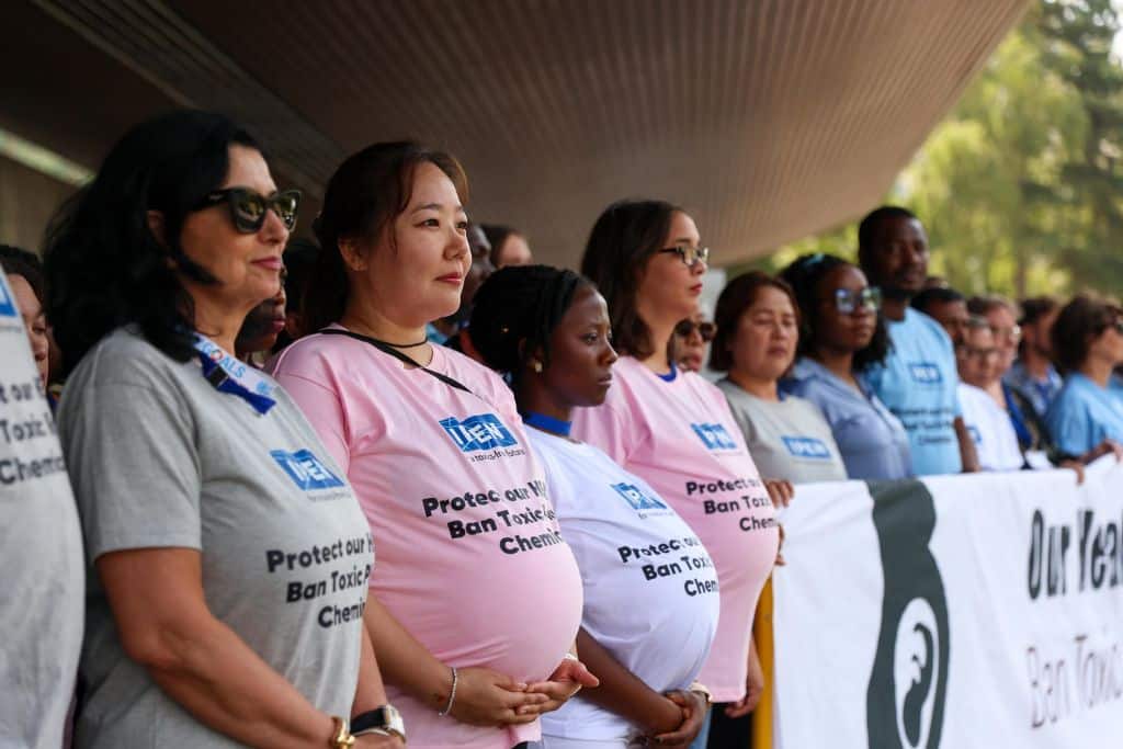 Campaigners at the second part of the fifth session of the Intergovernmental Negotiating Committee on plastic pollution, including in the marine environment (INC-5.2) in Geneva, Switzerland.