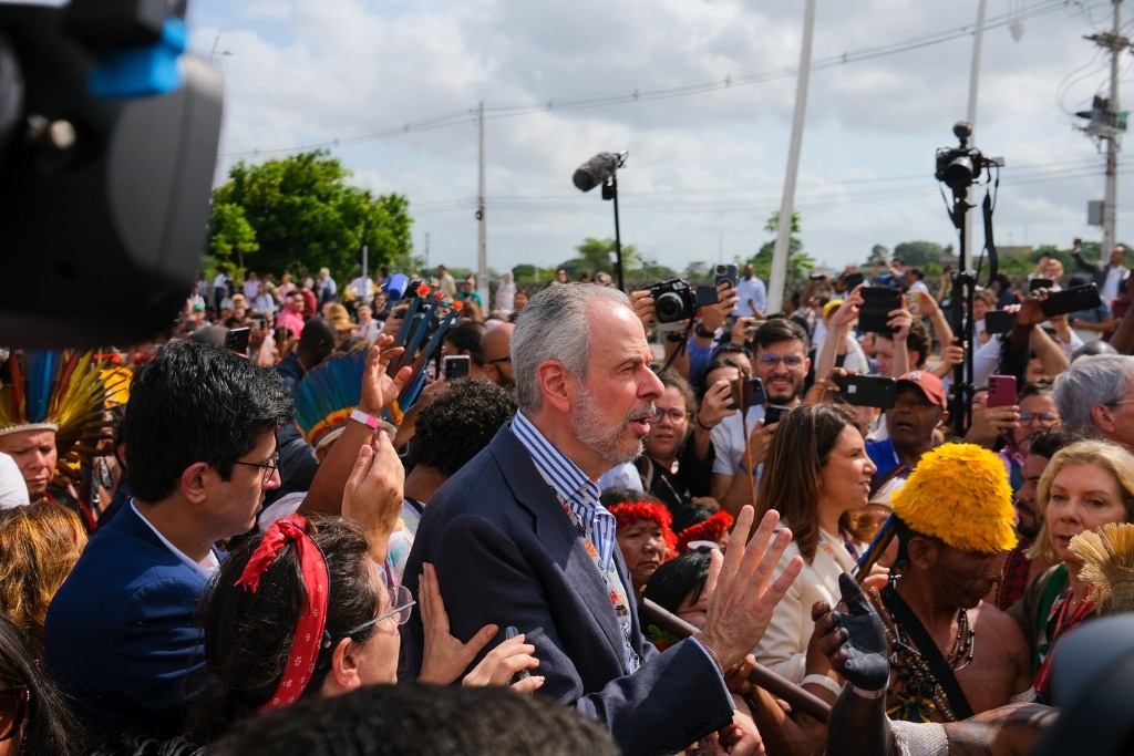 André Corrêa do Lago, COP30 President and Ambassador of Brazil during the Munduruku indigenous people hold a demonstration.