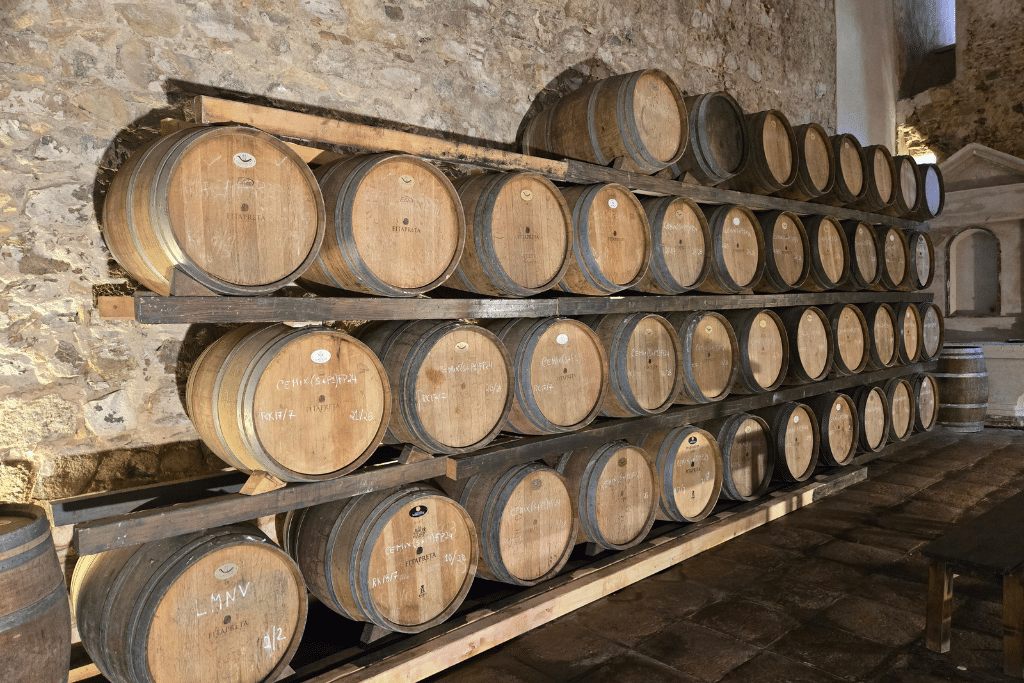 Wine barrels at Fitapreta Vinhos in Alentejo, Portugal.