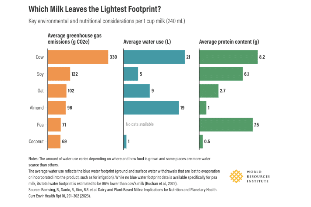 Key environmental and nutritional considerations per 1 cup milk (240 mL).