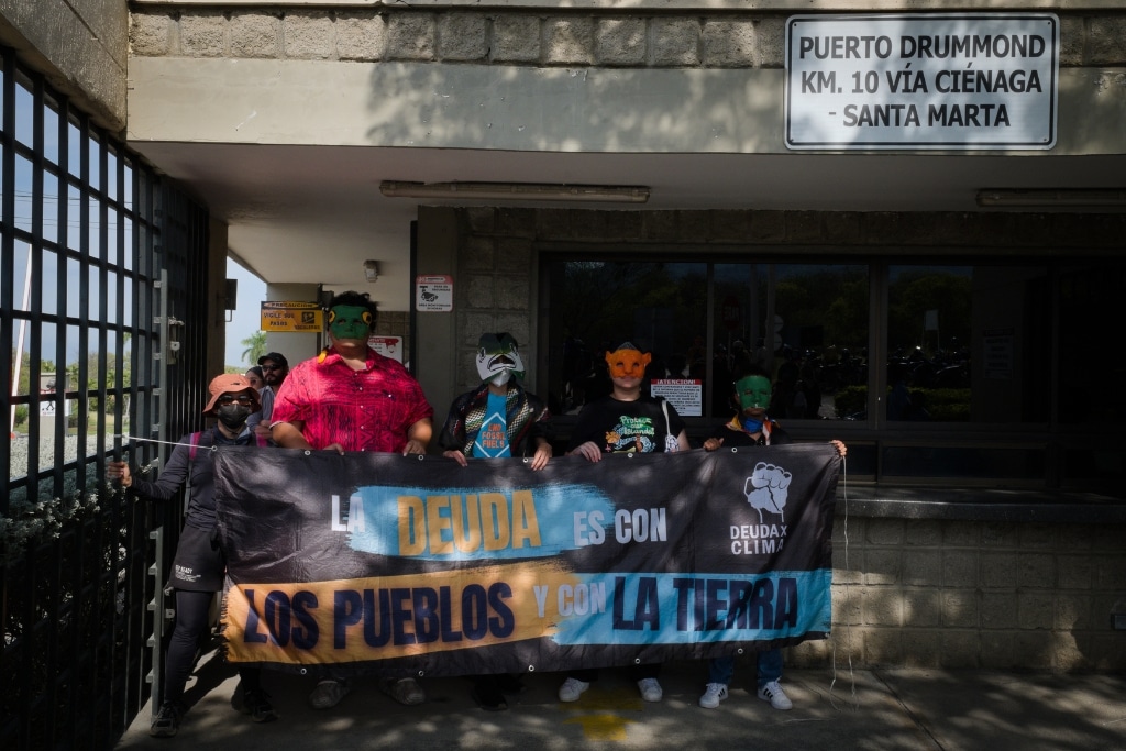 Activists disrupt operations at the Drummond coal port in Santa Marta, the largest coal export terminal in Colombia, on Monday, April 27, 2026.