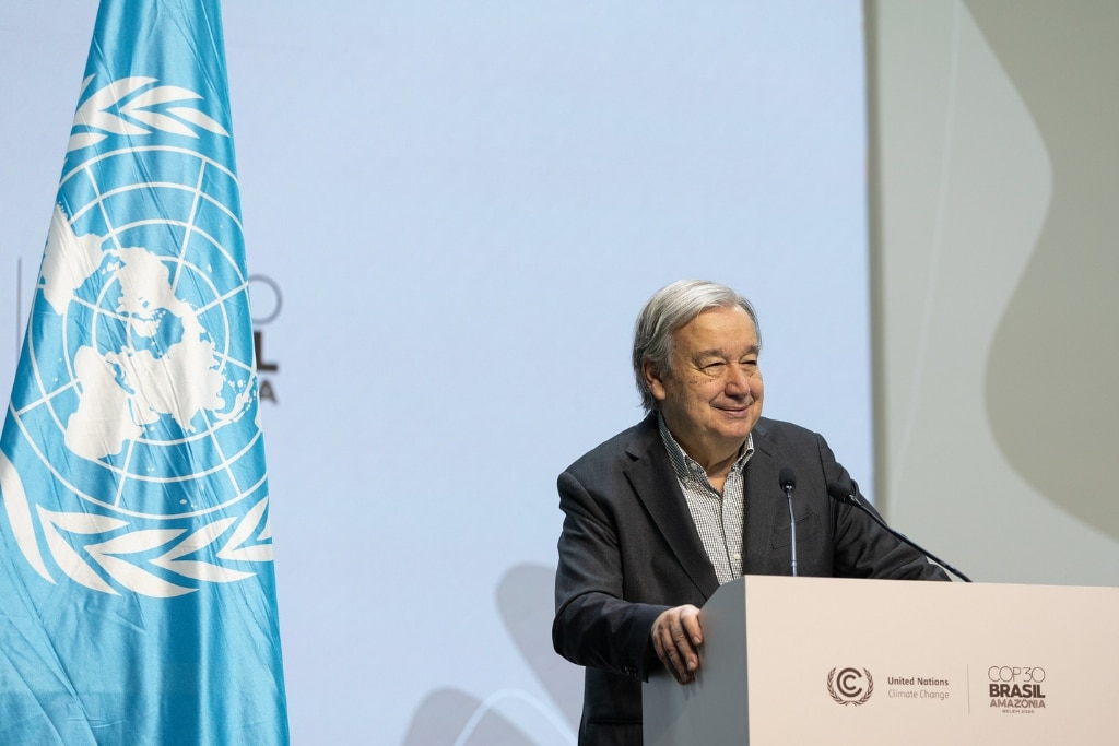 UN Secretary-General António Guterres holds a press conference at COP30.