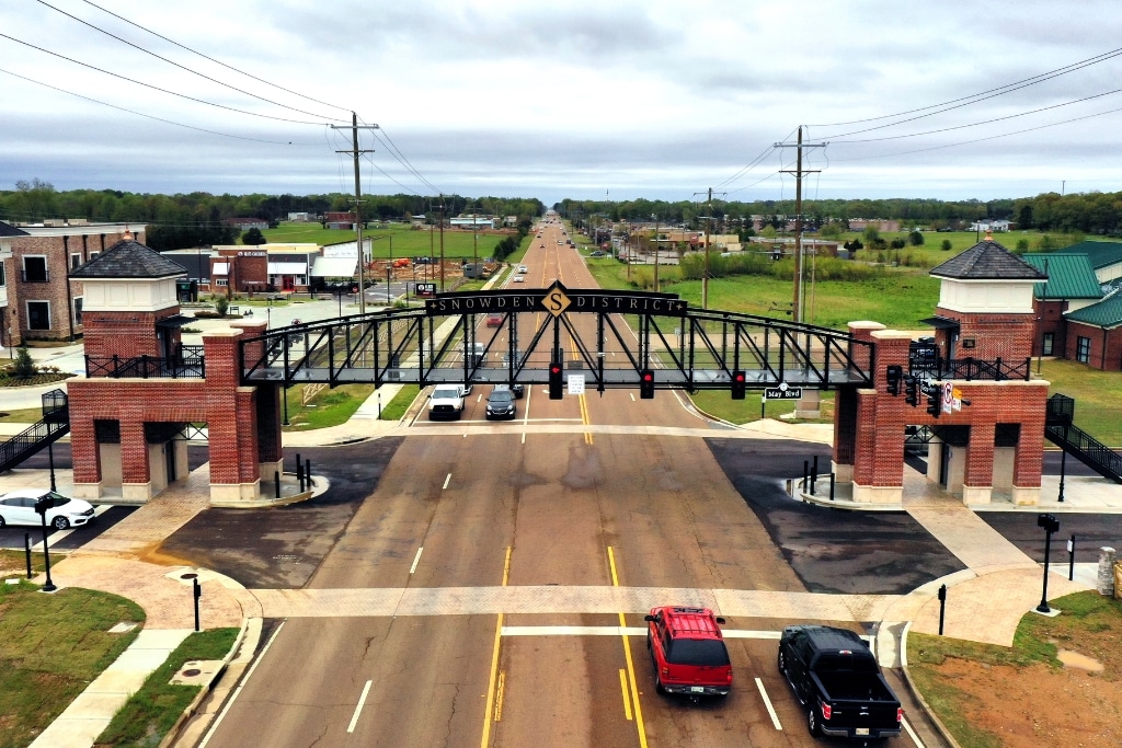 The city of Southaven's Snowden District pedestrian bridge looking toward the city of Memphis two-miles to the north.