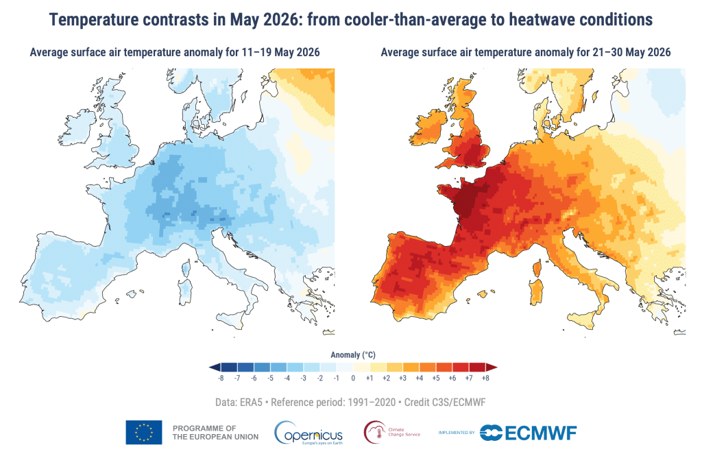 Average daily surface air temperature anomaly for (left) 11-19 May 2026 and (right) 21–30 May 2026 relative to the corresponding average for the period 1991-2020.