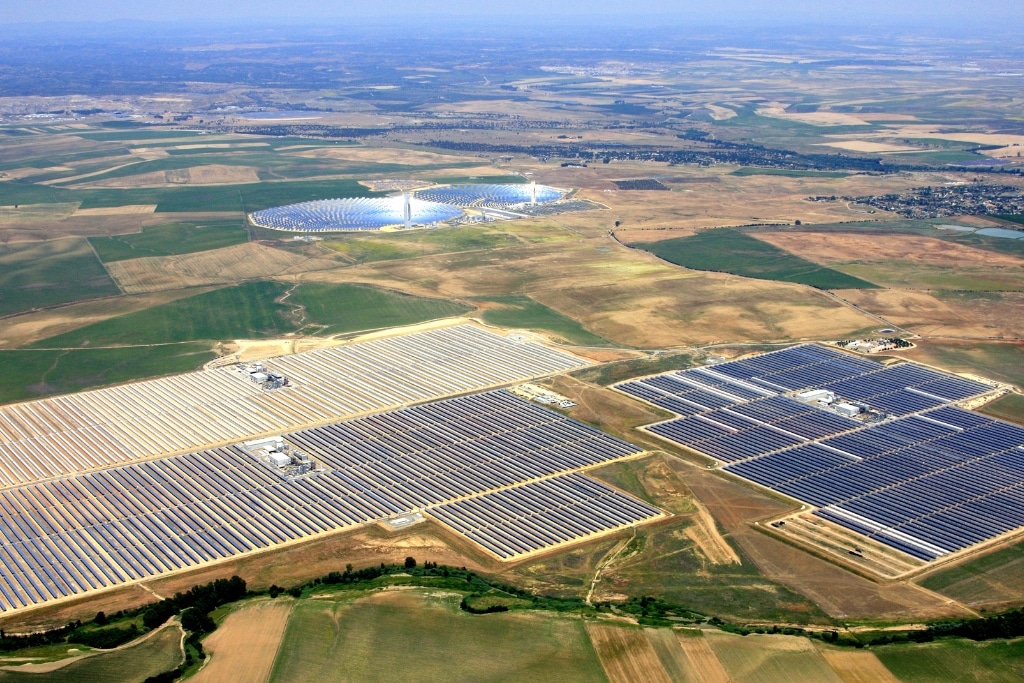 Aerial view of the unit I, III, and IV, of Abengoa Solar's Solnova Solar Power Station near Seville, in Andalusia, Spain.
