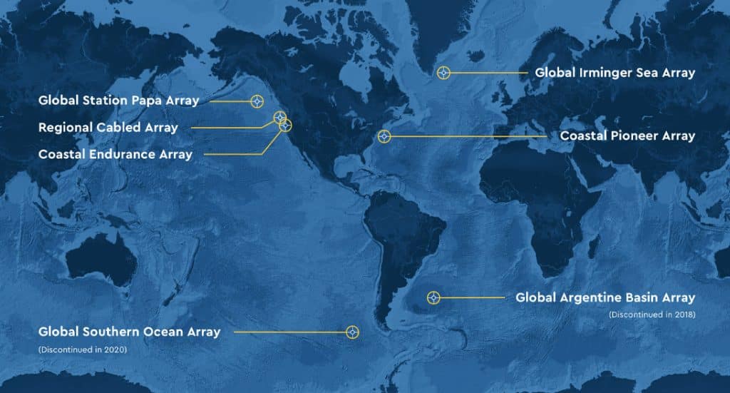 The network of stations of the National Science Foundation's Ocean Observatories Initiative.