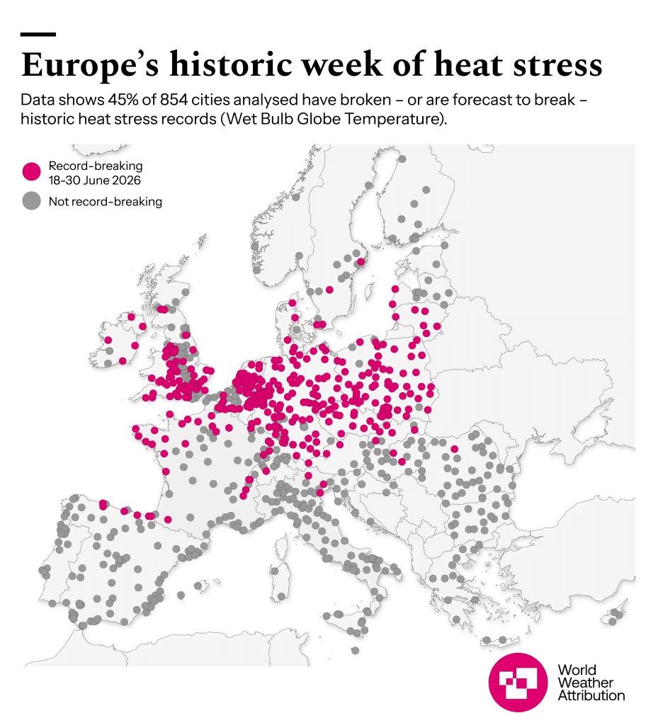 45% of 854 analyzed cities with a population of over 50,000 have broken or are forecast to break their all time Wet Bulb
Globe Temperature (a measure of heat stress) record this week.